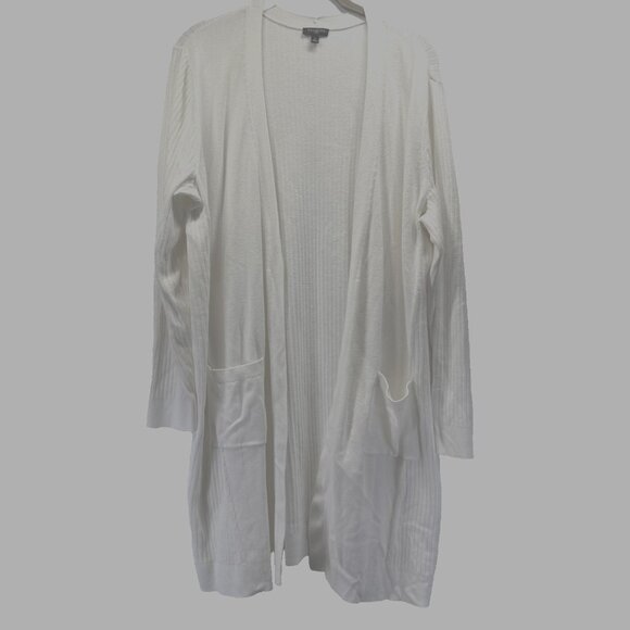 Talbots Women's Cardigan 14 16 Solid White Pockets Long Sleeve Tunic Ribbed Knit - Picture 1 of 6